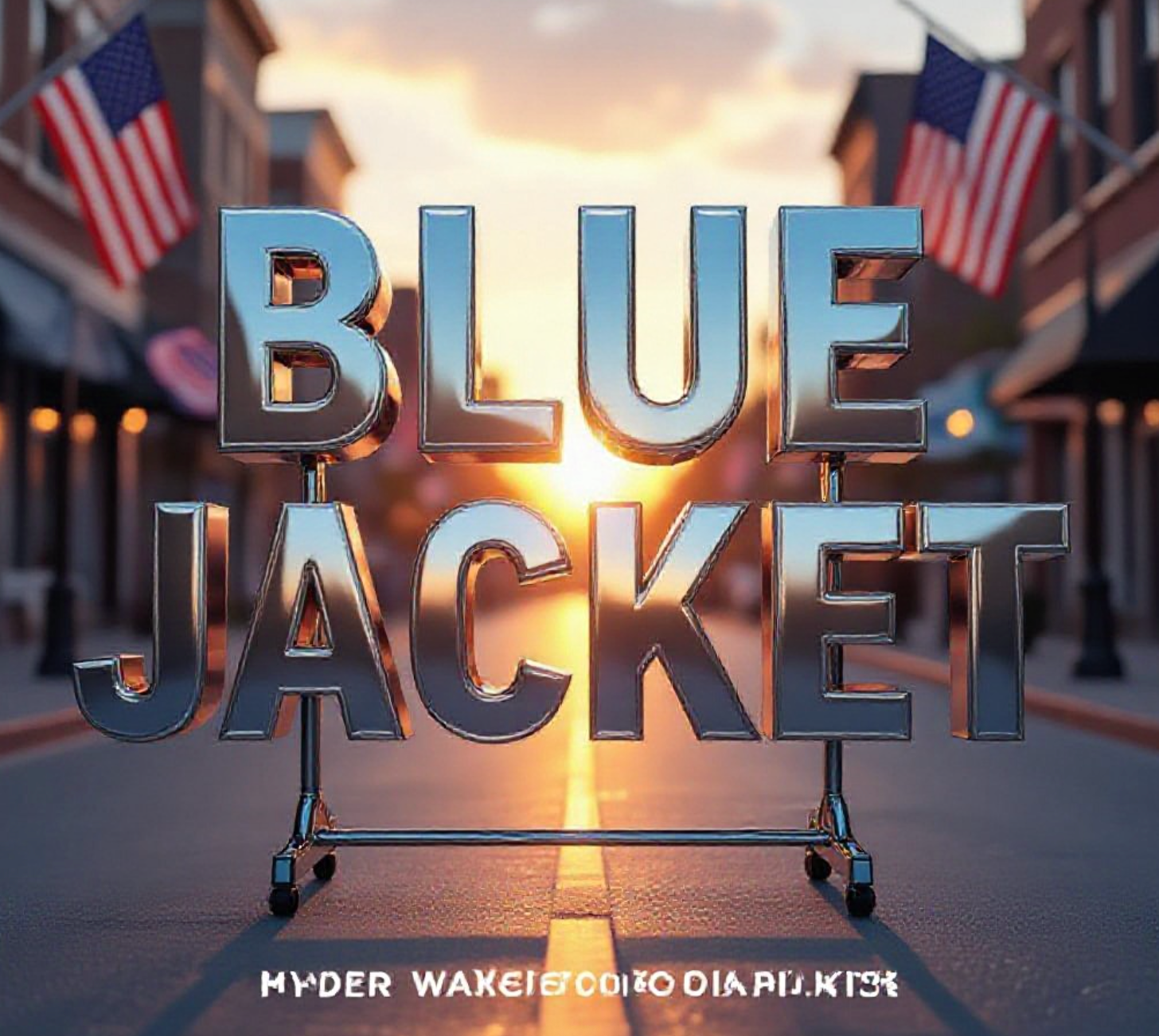 A viral, hyper-realistic YouTube thumbnail with a hopeful, warm community atmosphere. The background is a softly lit Fort Wayne street at golden hour with American flags waving gently. The composition uses a low-angle cinematic shot to focus on the main subject: a gleaming empty metal clothing rack dramatically spotlighted in the center. The image features massive 3D typography with strict hierarchy: The Primary Text reads exactly: 'BLUE JACKET'. This text is massive, the largest element in the frame, rendered in polished chrome with subtle blue glow to look like a high-budget 3D render. The Secondary Text reads exactly: 'NEEDS YOUR SUITS NOW'. This text is significantly smaller, positioned below the main text. It features a thick, urgent red border/outline (sticker style) to contrast against the background. Make sure text 2 is always different theme, style, effect and border compared to text 1. The text materials correspond to the story's concept. Crucial Instruction: There is absolutely NO other text, numbers, watermarks, or subtitles in this image other than these two specific lines. 8k, Unreal Engine 5, cinematic render