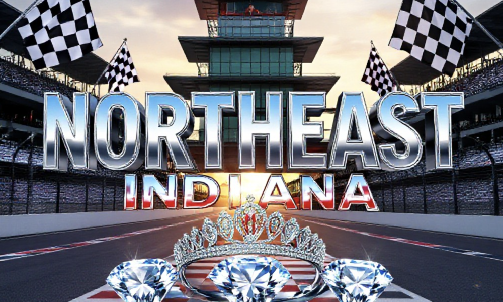 A viral, hyper-realistic YouTube thumbnail with a patriotic red-white-blue racing atmosphere. The background is the famous Indianapolis Motor Speedway pagoda at golden hour with massive checkered flags waving. The composition uses a dramatic low angle to focus on the main subject: a gleaming silver 500 Festival tiara floating above three sparkling diamond-encrusted Indiana state outlines. The image features massive 3D typography with strict hierarchy: The Primary Text reads exactly: 'NORTHEAST INDIANA'. This text is massive, the largest element in the frame, rendered in polished chrome with red and blue racing stripes to look like a high-budget 3D render. The Secondary Text reads exactly: '3 PRINCESSES 2026'. This text is significantly smaller, positioned below the main text. It features a thick white glow border with black outline (sticker style) to contrast against the background. Make sure text 2 is always different theme, style, effect and border compared to text 1. The text materials correspond to the story's concept. Crucial Instruction: There is absolutely NO other text, numbers, watermarks, or subtitles in this image other than these two specific lines. 8k, Unreal Engine 5, cinematic render