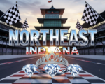 A viral, hyper-realistic YouTube thumbnail with a patriotic red-white-blue racing atmosphere. The background is the famous Indianapolis Motor Speedway pagoda at golden hour with massive checkered flags waving. The composition uses a dramatic low angle to focus on the main subject: a gleaming silver 500 Festival tiara floating above three sparkling diamond-encrusted Indiana state outlines. The image features massive 3D typography with strict hierarchy: The Primary Text reads exactly: 'NORTHEAST INDIANA'. This text is massive, the largest element in the frame, rendered in polished chrome with red and blue racing stripes to look like a high-budget 3D render. The Secondary Text reads exactly: '3 PRINCESSES 2026'. This text is significantly smaller, positioned below the main text. It features a thick white glow border with black outline (sticker style) to contrast against the background. Make sure text 2 is always different theme, style, effect and border compared to text 1. The text materials correspond to the story's concept. Crucial Instruction: There is absolutely NO other text, numbers, watermarks, or subtitles in this image other than these two specific lines. 8k, Unreal Engine 5, cinematic render