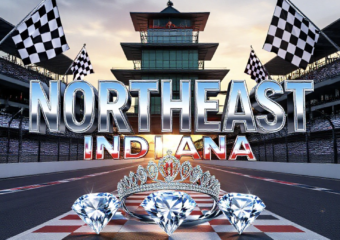 A viral, hyper-realistic YouTube thumbnail with a patriotic red-white-blue racing atmosphere. The background is the famous Indianapolis Motor Speedway pagoda at golden hour with massive checkered flags waving. The composition uses a dramatic low angle to focus on the main subject: a gleaming silver 500 Festival tiara floating above three sparkling diamond-encrusted Indiana state outlines. The image features massive 3D typography with strict hierarchy: The Primary Text reads exactly: 'NORTHEAST INDIANA'. This text is massive, the largest element in the frame, rendered in polished chrome with red and blue racing stripes to look like a high-budget 3D render. The Secondary Text reads exactly: '3 PRINCESSES 2026'. This text is significantly smaller, positioned below the main text. It features a thick white glow border with black outline (sticker style) to contrast against the background. Make sure text 2 is always different theme, style, effect and border compared to text 1. The text materials correspond to the story's concept. Crucial Instruction: There is absolutely NO other text, numbers, watermarks, or subtitles in this image other than these two specific lines. 8k, Unreal Engine 5, cinematic render
