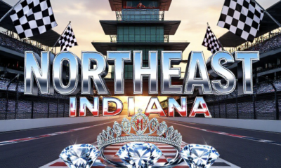 A viral, hyper-realistic YouTube thumbnail with a patriotic red-white-blue racing atmosphere. The background is the famous Indianapolis Motor Speedway pagoda at golden hour with massive checkered flags waving. The composition uses a dramatic low angle to focus on the main subject: a gleaming silver 500 Festival tiara floating above three sparkling diamond-encrusted Indiana state outlines. The image features massive 3D typography with strict hierarchy: The Primary Text reads exactly: 'NORTHEAST INDIANA'. This text is massive, the largest element in the frame, rendered in polished chrome with red and blue racing stripes to look like a high-budget 3D render. The Secondary Text reads exactly: '3 PRINCESSES 2026'. This text is significantly smaller, positioned below the main text. It features a thick white glow border with black outline (sticker style) to contrast against the background. Make sure text 2 is always different theme, style, effect and border compared to text 1. The text materials correspond to the story's concept. Crucial Instruction: There is absolutely NO other text, numbers, watermarks, or subtitles in this image other than these two specific lines. 8k, Unreal Engine 5, cinematic render
