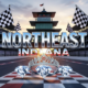 A viral, hyper-realistic YouTube thumbnail with a patriotic red-white-blue racing atmosphere. The background is the famous Indianapolis Motor Speedway pagoda at golden hour with massive checkered flags waving. The composition uses a dramatic low angle to focus on the main subject: a gleaming silver 500 Festival tiara floating above three sparkling diamond-encrusted Indiana state outlines. The image features massive 3D typography with strict hierarchy: The Primary Text reads exactly: 'NORTHEAST INDIANA'. This text is massive, the largest element in the frame, rendered in polished chrome with red and blue racing stripes to look like a high-budget 3D render. The Secondary Text reads exactly: '3 PRINCESSES 2026'. This text is significantly smaller, positioned below the main text. It features a thick white glow border with black outline (sticker style) to contrast against the background. Make sure text 2 is always different theme, style, effect and border compared to text 1. The text materials correspond to the story's concept. Crucial Instruction: There is absolutely NO other text, numbers, watermarks, or subtitles in this image other than these two specific lines. 8k, Unreal Engine 5, cinematic render
