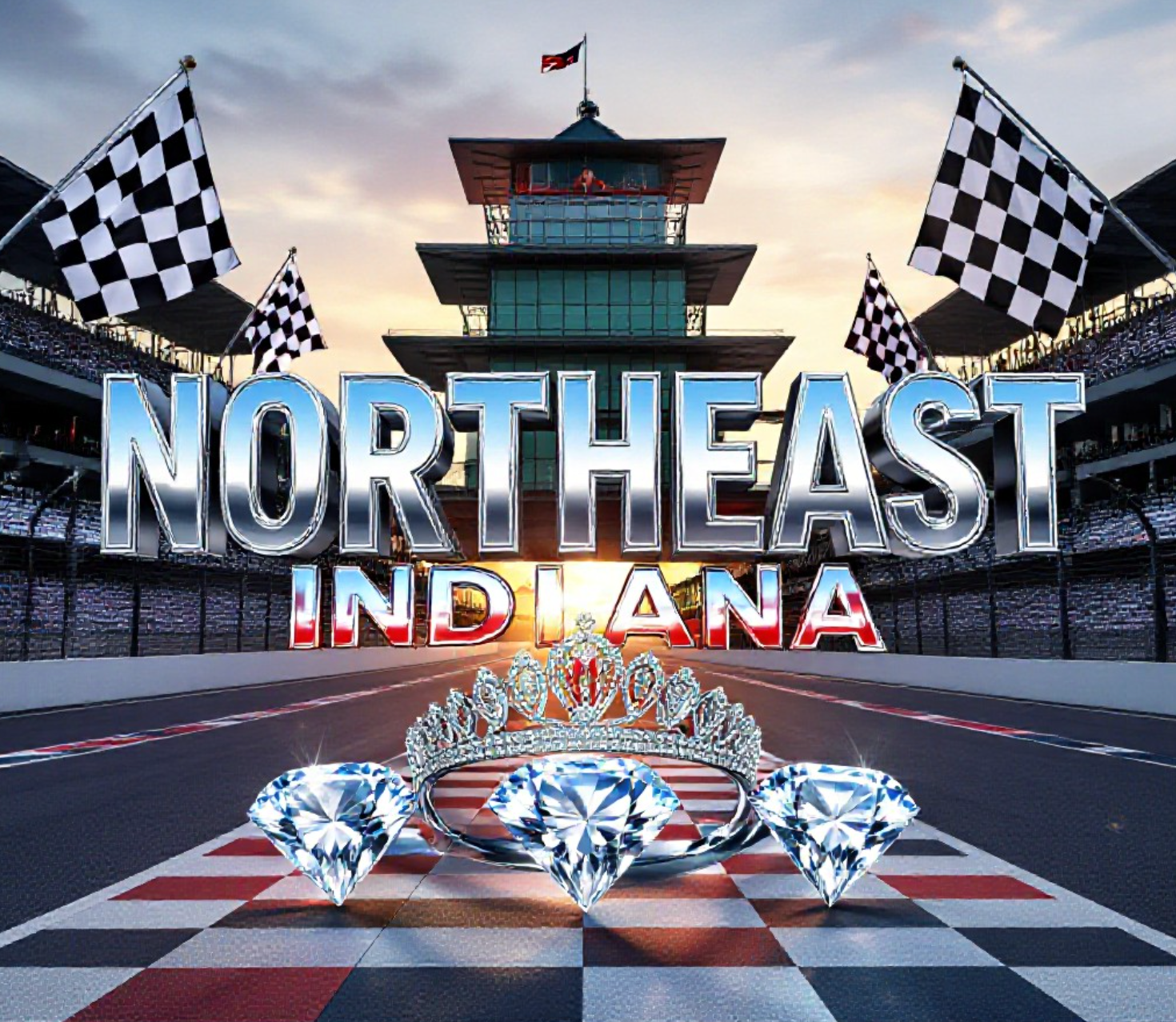A viral, hyper-realistic YouTube thumbnail with a patriotic red-white-blue racing atmosphere. The background is the famous Indianapolis Motor Speedway pagoda at golden hour with massive checkered flags waving. The composition uses a dramatic low angle to focus on the main subject: a gleaming silver 500 Festival tiara floating above three sparkling diamond-encrusted Indiana state outlines. The image features massive 3D typography with strict hierarchy: The Primary Text reads exactly: 'NORTHEAST INDIANA'. This text is massive, the largest element in the frame, rendered in polished chrome with red and blue racing stripes to look like a high-budget 3D render. The Secondary Text reads exactly: '3 PRINCESSES 2026'. This text is significantly smaller, positioned below the main text. It features a thick white glow border with black outline (sticker style) to contrast against the background. Make sure text 2 is always different theme, style, effect and border compared to text 1. The text materials correspond to the story's concept. Crucial Instruction: There is absolutely NO other text, numbers, watermarks, or subtitles in this image other than these two specific lines. 8k, Unreal Engine 5, cinematic render