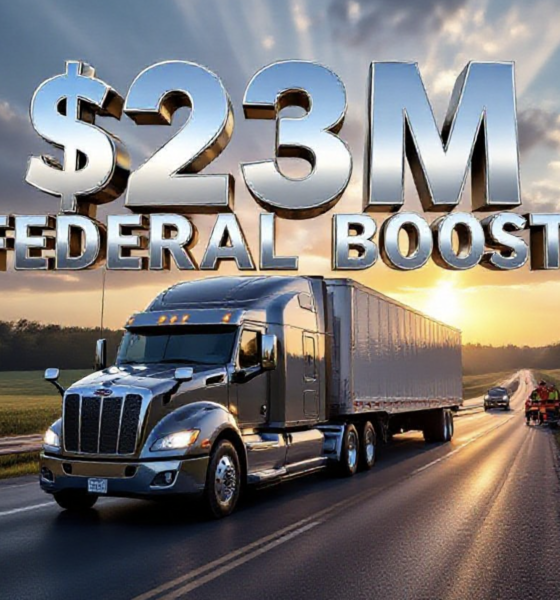 A viral, hyper-realistic YouTube thumbnail with a cinematic American infrastructure atmosphere. The background is a golden-hour rural Indiana highway stretching into the distance with fresh asphalt and construction crews at work, dramatic Midwest sky with towering clouds and rays of sunlight. The composition uses a low-angle heroic shot to focus on the main subject: a massive gleaming chrome semi-truck crossing a brand-new bridge. The image features massive 3D typography with strict hierarchy: The Primary Text reads exactly: '$23M FEDERAL BOOST'. This text is massive, the largest element in the frame, rendered in polished chrome with reflective highway details to look like a high-budget 3D render. The Secondary Text reads exactly: 'Northeast Indiana Roads'. This text is significantly smaller, positioned below the main text with a thick orange safety-vest style outline to contrast against the sky. 8k, Unreal Engine 5, cinematic render.