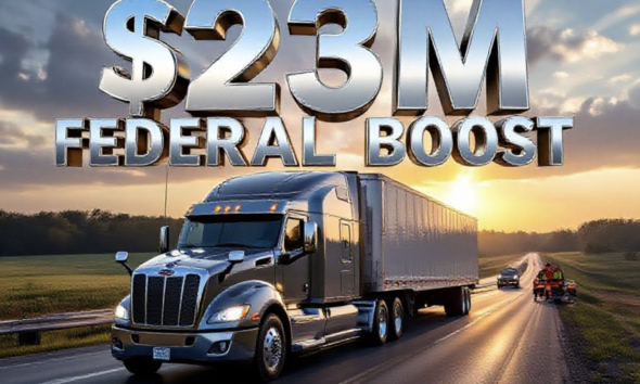 A viral, hyper-realistic YouTube thumbnail with a cinematic American infrastructure atmosphere. The background is a golden-hour rural Indiana highway stretching into the distance with fresh asphalt and construction crews at work, dramatic Midwest sky with towering clouds and rays of sunlight. The composition uses a low-angle heroic shot to focus on the main subject: a massive gleaming chrome semi-truck crossing a brand-new bridge. The image features massive 3D typography with strict hierarchy: The Primary Text reads exactly: '$23M FEDERAL BOOST'. This text is massive, the largest element in the frame, rendered in polished chrome with reflective highway details to look like a high-budget 3D render. The Secondary Text reads exactly: 'Northeast Indiana Roads'. This text is significantly smaller, positioned below the main text with a thick orange safety-vest style outline to contrast against the sky. 8k, Unreal Engine 5, cinematic render.