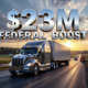 A viral, hyper-realistic YouTube thumbnail with a cinematic American infrastructure atmosphere. The background is a golden-hour rural Indiana highway stretching into the distance with fresh asphalt and construction crews at work, dramatic Midwest sky with towering clouds and rays of sunlight. The composition uses a low-angle heroic shot to focus on the main subject: a massive gleaming chrome semi-truck crossing a brand-new bridge. The image features massive 3D typography with strict hierarchy: The Primary Text reads exactly: '$23M FEDERAL BOOST'. This text is massive, the largest element in the frame, rendered in polished chrome with reflective highway details to look like a high-budget 3D render. The Secondary Text reads exactly: 'Northeast Indiana Roads'. This text is significantly smaller, positioned below the main text with a thick orange safety-vest style outline to contrast against the sky. 8k, Unreal Engine 5, cinematic render.