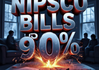 A viral, hyper-realistic YouTube thumbnail with a dramatic red-alert atmosphere. The background is a dark northern Indiana living room with an open NIPSCO bill glowing red on the table, frost on the windows, and a worried family in silhouette. The composition uses a low-angle dramatic shot to focus on the main subject: a massive cracked electric meter exploding with sparks. The image features massive 3D typography with strict hierarchy: The Primary Text reads exactly: 'NIPSCO BILLS UP 90%'. This text is massive, the largest element in the frame, rendered in molten chrome with glowing red edges like heated metal. The Secondary Text reads exactly: 'LAWMAKER FIGHTS BACK'. This text is significantly smaller, positioned below the main text with a thick white border and electric blue glow effect. The text materials correspond to the story's concept. Crucial Instruction: There is absolutely NO other text, numbers, watermarks, or subtitles in this image other than these two specific lines. 8k, Unreal Engine 5, cinematic render.