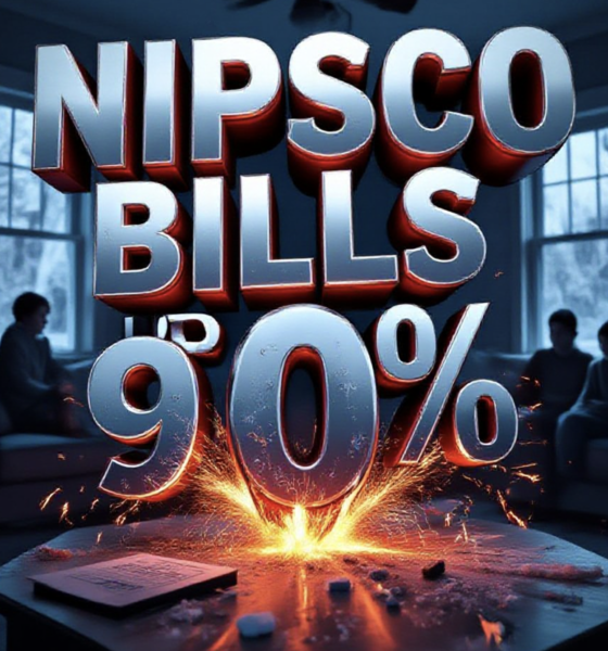 A viral, hyper-realistic YouTube thumbnail with a dramatic red-alert atmosphere. The background is a dark northern Indiana living room with an open NIPSCO bill glowing red on the table, frost on the windows, and a worried family in silhouette. The composition uses a low-angle dramatic shot to focus on the main subject: a massive cracked electric meter exploding with sparks. The image features massive 3D typography with strict hierarchy: The Primary Text reads exactly: 'NIPSCO BILLS UP 90%'. This text is massive, the largest element in the frame, rendered in molten chrome with glowing red edges like heated metal. The Secondary Text reads exactly: 'LAWMAKER FIGHTS BACK'. This text is significantly smaller, positioned below the main text with a thick white border and electric blue glow effect. The text materials correspond to the story's concept. Crucial Instruction: There is absolutely NO other text, numbers, watermarks, or subtitles in this image other than these two specific lines. 8k, Unreal Engine 5, cinematic render.