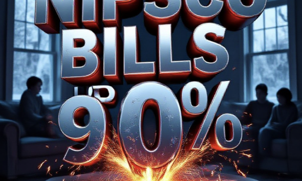 A viral, hyper-realistic YouTube thumbnail with a dramatic red-alert atmosphere. The background is a dark northern Indiana living room with an open NIPSCO bill glowing red on the table, frost on the windows, and a worried family in silhouette. The composition uses a low-angle dramatic shot to focus on the main subject: a massive cracked electric meter exploding with sparks. The image features massive 3D typography with strict hierarchy: The Primary Text reads exactly: 'NIPSCO BILLS UP 90%'. This text is massive, the largest element in the frame, rendered in molten chrome with glowing red edges like heated metal. The Secondary Text reads exactly: 'LAWMAKER FIGHTS BACK'. This text is significantly smaller, positioned below the main text with a thick white border and electric blue glow effect. The text materials correspond to the story's concept. Crucial Instruction: There is absolutely NO other text, numbers, watermarks, or subtitles in this image other than these two specific lines. 8k, Unreal Engine 5, cinematic render.