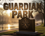 A viral, hyper-realistic YouTube thumbnail with a dramatic cinematic community atmosphere. The background is a golden-hour riverside park in early spring with the Maumee River gently flowing, bare trees starting to bud, and warm sunlight cutting through morning mist. The composition uses a low-angle heroic shot to focus on the main subject: a gleaming bronze-style guardian memorial wall rising from the ground with police badge and firefighter axe symbols etched in it. The image features massive 3D typography with strict hierarchy: The Primary Text reads exactly: 'GUARDIAN PARK'. This text is massive, the largest element in the frame, rendered in polished bronze metal with realistic reflections and edge wear to look like a high-budget 3D render. The Secondary Text reads exactly: 'TEENS NEED $50K NOW'. This text is significantly smaller, positioned below the main text with a bold red sticker-style outline and slight glow effect to contrast against the background. Make sure text 2 is always different theme, style, effect and border compared to text 1. The text materials correspond to the story's concept. Crucial Instruction: There is absolutely NO other text, numbers, watermarks, or subtitles in this image other than these two specific lines. 8k, Unreal Engine 5, cinematic render.