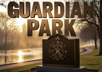 A viral, hyper-realistic YouTube thumbnail with a dramatic cinematic community atmosphere. The background is a golden-hour riverside park in early spring with the Maumee River gently flowing, bare trees starting to bud, and warm sunlight cutting through morning mist. The composition uses a low-angle heroic shot to focus on the main subject: a gleaming bronze-style guardian memorial wall rising from the ground with police badge and firefighter axe symbols etched in it. The image features massive 3D typography with strict hierarchy: The Primary Text reads exactly: 'GUARDIAN PARK'. This text is massive, the largest element in the frame, rendered in polished bronze metal with realistic reflections and edge wear to look like a high-budget 3D render. The Secondary Text reads exactly: 'TEENS NEED $50K NOW'. This text is significantly smaller, positioned below the main text with a bold red sticker-style outline and slight glow effect to contrast against the background. Make sure text 2 is always different theme, style, effect and border compared to text 1. The text materials correspond to the story's concept. Crucial Instruction: There is absolutely NO other text, numbers, watermarks, or subtitles in this image other than these two specific lines. 8k, Unreal Engine 5, cinematic render.