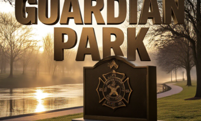 A viral, hyper-realistic YouTube thumbnail with a dramatic cinematic community atmosphere. The background is a golden-hour riverside park in early spring with the Maumee River gently flowing, bare trees starting to bud, and warm sunlight cutting through morning mist. The composition uses a low-angle heroic shot to focus on the main subject: a gleaming bronze-style guardian memorial wall rising from the ground with police badge and firefighter axe symbols etched in it. The image features massive 3D typography with strict hierarchy: The Primary Text reads exactly: 'GUARDIAN PARK'. This text is massive, the largest element in the frame, rendered in polished bronze metal with realistic reflections and edge wear to look like a high-budget 3D render. The Secondary Text reads exactly: 'TEENS NEED $50K NOW'. This text is significantly smaller, positioned below the main text with a bold red sticker-style outline and slight glow effect to contrast against the background. Make sure text 2 is always different theme, style, effect and border compared to text 1. The text materials correspond to the story's concept. Crucial Instruction: There is absolutely NO other text, numbers, watermarks, or subtitles in this image other than these two specific lines. 8k, Unreal Engine 5, cinematic render.