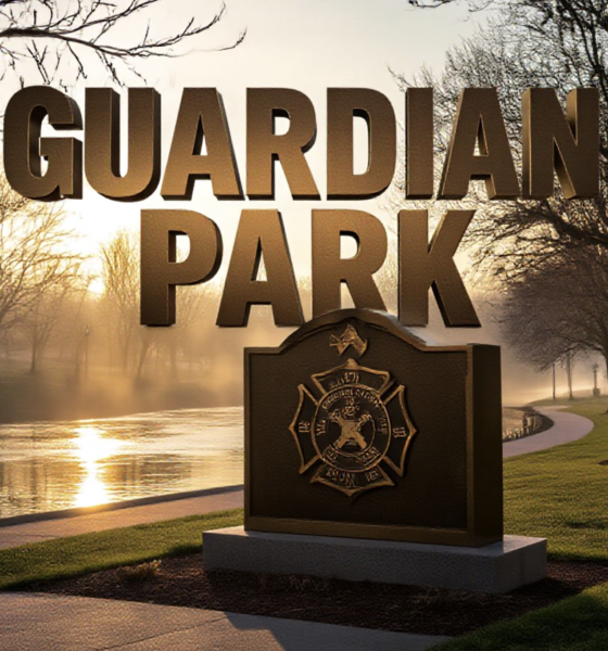 A viral, hyper-realistic YouTube thumbnail with a dramatic cinematic community atmosphere. The background is a golden-hour riverside park in early spring with the Maumee River gently flowing, bare trees starting to bud, and warm sunlight cutting through morning mist. The composition uses a low-angle heroic shot to focus on the main subject: a gleaming bronze-style guardian memorial wall rising from the ground with police badge and firefighter axe symbols etched in it. The image features massive 3D typography with strict hierarchy: The Primary Text reads exactly: 'GUARDIAN PARK'. This text is massive, the largest element in the frame, rendered in polished bronze metal with realistic reflections and edge wear to look like a high-budget 3D render. The Secondary Text reads exactly: 'TEENS NEED $50K NOW'. This text is significantly smaller, positioned below the main text with a bold red sticker-style outline and slight glow effect to contrast against the background. Make sure text 2 is always different theme, style, effect and border compared to text 1. The text materials correspond to the story's concept. Crucial Instruction: There is absolutely NO other text, numbers, watermarks, or subtitles in this image other than these two specific lines. 8k, Unreal Engine 5, cinematic render.