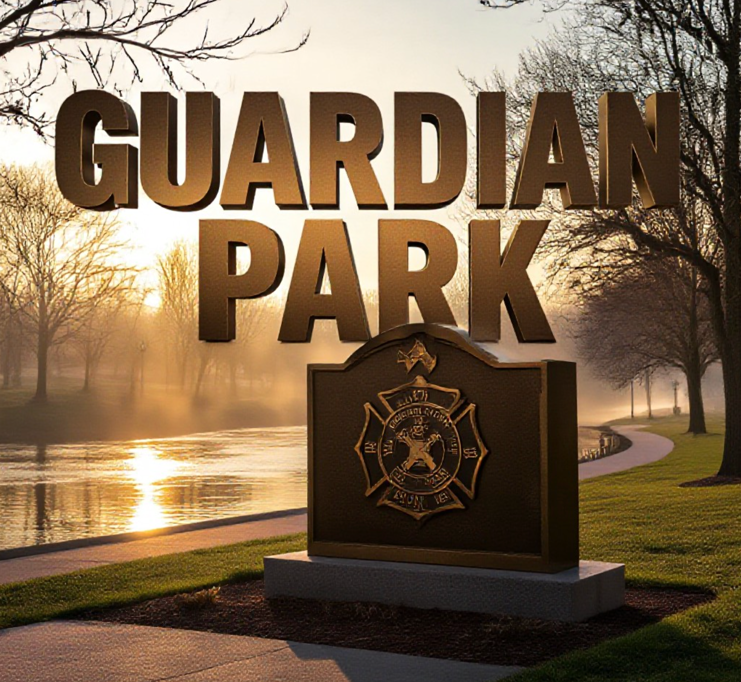 A viral, hyper-realistic YouTube thumbnail with a dramatic cinematic community atmosphere. The background is a golden-hour riverside park in early spring with the Maumee River gently flowing, bare trees starting to bud, and warm sunlight cutting through morning mist. The composition uses a low-angle heroic shot to focus on the main subject: a gleaming bronze-style guardian memorial wall rising from the ground with police badge and firefighter axe symbols etched in it. The image features massive 3D typography with strict hierarchy: The Primary Text reads exactly: 'GUARDIAN PARK'. This text is massive, the largest element in the frame, rendered in polished bronze metal with realistic reflections and edge wear to look like a high-budget 3D render. The Secondary Text reads exactly: 'TEENS NEED $50K NOW'. This text is significantly smaller, positioned below the main text with a bold red sticker-style outline and slight glow effect to contrast against the background. Make sure text 2 is always different theme, style, effect and border compared to text 1. The text materials correspond to the story's concept. Crucial Instruction: There is absolutely NO other text, numbers, watermarks, or subtitles in this image other than these two specific lines. 8k, Unreal Engine 5, cinematic render.