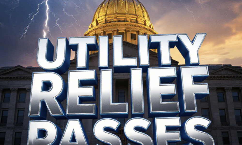A viral, hyper-realistic YouTube thumbnail with a dramatic Statehouse atmosphere. The background is the golden-hour Indiana Statehouse dome glowing against a stormy sky with subtle lightning cracks symbolizing rate shocks. The composition uses a low-angle heroic shot to focus on the main subject: a massive, weathered utility bill paper torn in half floating in mid-air. The image features massive 3D typography with strict hierarchy: The Primary Text reads exactly: 'UTILITY RELIEF PASSES'. This text is massive, the largest element in the frame, rendered in polished chrome with electric blue glow edges to look like a high-budget 3D render. The Secondary Text reads exactly: 'Low-Income Hoosiers Win Big'. This text is significantly smaller, positioned below the main text. It features a thick, glowing red border/outline (sticker style) to contrast against the background. Make sure text 2 is always different theme, style, effect and border compared to text 1. The text materials correspond to the story's concept. Crucial Instruction: There is absolutely NO other text, numbers, wate