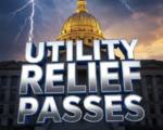 A viral, hyper-realistic YouTube thumbnail with a dramatic Statehouse atmosphere. The background is the golden-hour Indiana Statehouse dome glowing against a stormy sky with subtle lightning cracks symbolizing rate shocks. The composition uses a low-angle heroic shot to focus on the main subject: a massive, weathered utility bill paper torn in half floating in mid-air. The image features massive 3D typography with strict hierarchy: The Primary Text reads exactly: 'UTILITY RELIEF PASSES'. This text is massive, the largest element in the frame, rendered in polished chrome with electric blue glow edges to look like a high-budget 3D render. The Secondary Text reads exactly: 'Low-Income Hoosiers Win Big'. This text is significantly smaller, positioned below the main text. It features a thick, glowing red border/outline (sticker style) to contrast against the background. Make sure text 2 is always different theme, style, effect and border compared to text 1. The text materials correspond to the story's concept. Crucial Instruction: There is absolutely NO other text, numbers, wate