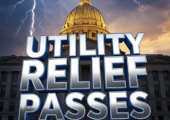 A viral, hyper-realistic YouTube thumbnail with a dramatic Statehouse atmosphere. The background is the golden-hour Indiana Statehouse dome glowing against a stormy sky with subtle lightning cracks symbolizing rate shocks. The composition uses a low-angle heroic shot to focus on the main subject: a massive, weathered utility bill paper torn in half floating in mid-air. The image features massive 3D typography with strict hierarchy: The Primary Text reads exactly: 'UTILITY RELIEF PASSES'. This text is massive, the largest element in the frame, rendered in polished chrome with electric blue glow edges to look like a high-budget 3D render. The Secondary Text reads exactly: 'Low-Income Hoosiers Win Big'. This text is significantly smaller, positioned below the main text. It features a thick, glowing red border/outline (sticker style) to contrast against the background. Make sure text 2 is always different theme, style, effect and border compared to text 1. The text materials correspond to the story's concept. Crucial Instruction: There is absolutely NO other text, numbers, wate