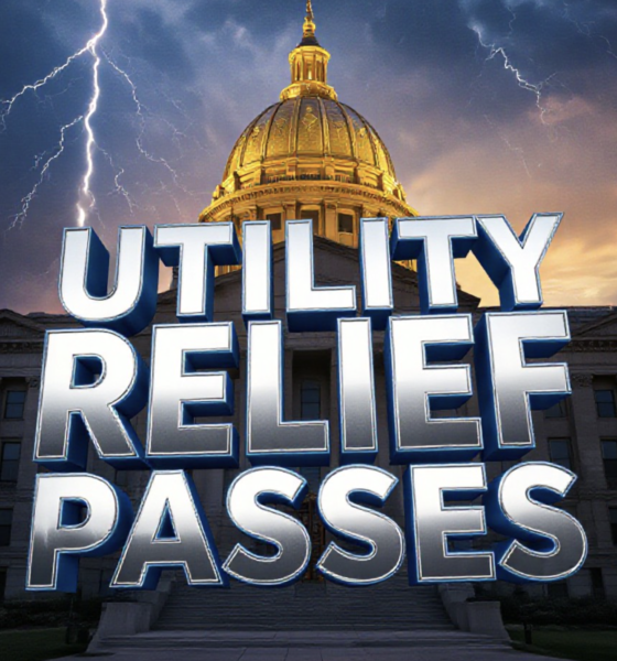 A viral, hyper-realistic YouTube thumbnail with a dramatic Statehouse atmosphere. The background is the golden-hour Indiana Statehouse dome glowing against a stormy sky with subtle lightning cracks symbolizing rate shocks. The composition uses a low-angle heroic shot to focus on the main subject: a massive, weathered utility bill paper torn in half floating in mid-air. The image features massive 3D typography with strict hierarchy: The Primary Text reads exactly: 'UTILITY RELIEF PASSES'. This text is massive, the largest element in the frame, rendered in polished chrome with electric blue glow edges to look like a high-budget 3D render. The Secondary Text reads exactly: 'Low-Income Hoosiers Win Big'. This text is significantly smaller, positioned below the main text. It features a thick, glowing red border/outline (sticker style) to contrast against the background. Make sure text 2 is always different theme, style, effect and border compared to text 1. The text materials correspond to the story's concept. Crucial Instruction: There is absolutely NO other text, numbers, wate