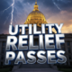 A viral, hyper-realistic YouTube thumbnail with a dramatic Statehouse atmosphere. The background is the golden-hour Indiana Statehouse dome glowing against a stormy sky with subtle lightning cracks symbolizing rate shocks. The composition uses a low-angle heroic shot to focus on the main subject: a massive, weathered utility bill paper torn in half floating in mid-air. The image features massive 3D typography with strict hierarchy: The Primary Text reads exactly: 'UTILITY RELIEF PASSES'. This text is massive, the largest element in the frame, rendered in polished chrome with electric blue glow edges to look like a high-budget 3D render. The Secondary Text reads exactly: 'Low-Income Hoosiers Win Big'. This text is significantly smaller, positioned below the main text. It features a thick, glowing red border/outline (sticker style) to contrast against the background. Make sure text 2 is always different theme, style, effect and border compared to text 1. The text materials correspond to the story's concept. Crucial Instruction: There is absolutely NO other text, numbers, wate