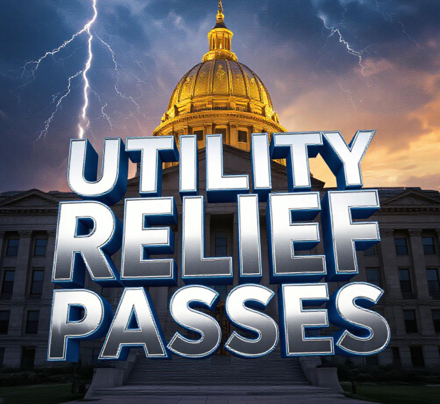 A viral, hyper-realistic YouTube thumbnail with a dramatic Statehouse atmosphere. The background is the golden-hour Indiana Statehouse dome glowing against a stormy sky with subtle lightning cracks symbolizing rate shocks. The composition uses a low-angle heroic shot to focus on the main subject: a massive, weathered utility bill paper torn in half floating in mid-air. The image features massive 3D typography with strict hierarchy: The Primary Text reads exactly: 'UTILITY RELIEF PASSES'. This text is massive, the largest element in the frame, rendered in polished chrome with electric blue glow edges to look like a high-budget 3D render. The Secondary Text reads exactly: 'Low-Income Hoosiers Win Big'. This text is significantly smaller, positioned below the main text. It features a thick, glowing red border/outline (sticker style) to contrast against the background. Make sure text 2 is always different theme, style, effect and border compared to text 1. The text materials correspond to the story's concept. Crucial Instruction: There is absolutely NO other text, numbers, wate
