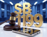 A viral, hyper-realistic YouTube thumbnail with a Legislative Tech atmosphere. The background is a blurred Indiana Statehouse interior with cold blue studio lighting. The composition uses a Macro Angle to focus on the main subject: a polished wooden Gavel resting heavily on a sleek, modern Smartphone. The image features massive 3D typography with strict hierarchy: The Primary Text reads exactly: 'SB 199'. This text is massive, the largest element in the frame, rendered in Gold to look like a high-budget 3D render. The Secondary Text reads exactly: 'RESTRICTIONS'. This text is significantly smaller, positioned below the main text. It features a thick, distinct red border/outline to contrast against the background. Make sure text 2 is always different theme, style, effect and border compared to text 1.