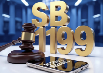 A viral, hyper-realistic YouTube thumbnail with a Legislative Tech atmosphere. The background is a blurred Indiana Statehouse interior with cold blue studio lighting. The composition uses a Macro Angle to focus on the main subject: a polished wooden Gavel resting heavily on a sleek, modern Smartphone. The image features massive 3D typography with strict hierarchy: The Primary Text reads exactly: 'SB 199'. This text is massive, the largest element in the frame, rendered in Gold to look like a high-budget 3D render. The Secondary Text reads exactly: 'RESTRICTIONS'. This text is significantly smaller, positioned below the main text. It features a thick, distinct red border/outline to contrast against the background. Make sure text 2 is always different theme, style, effect and border compared to text 1.