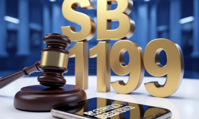 A viral, hyper-realistic YouTube thumbnail with a Legislative Tech atmosphere. The background is a blurred Indiana Statehouse interior with cold blue studio lighting. The composition uses a Macro Angle to focus on the main subject: a polished wooden Gavel resting heavily on a sleek, modern Smartphone. The image features massive 3D typography with strict hierarchy: The Primary Text reads exactly: 'SB 199'. This text is massive, the largest element in the frame, rendered in Gold to look like a high-budget 3D render. The Secondary Text reads exactly: 'RESTRICTIONS'. This text is significantly smaller, positioned below the main text. It features a thick, distinct red border/outline to contrast against the background. Make sure text 2 is always different theme, style, effect and border compared to text 1.
