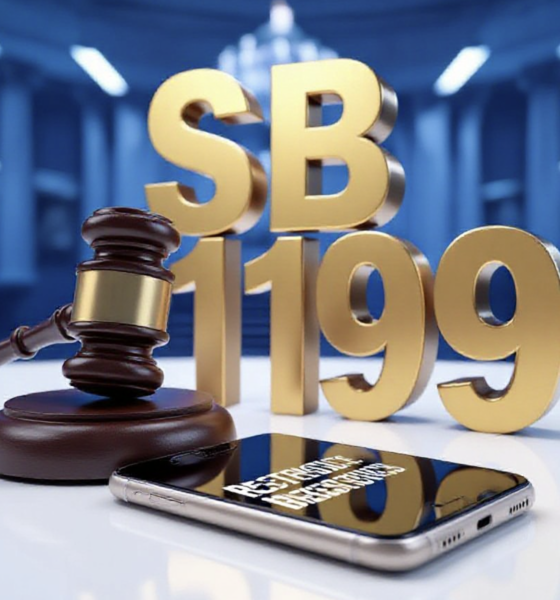 A viral, hyper-realistic YouTube thumbnail with a Legislative Tech atmosphere. The background is a blurred Indiana Statehouse interior with cold blue studio lighting. The composition uses a Macro Angle to focus on the main subject: a polished wooden Gavel resting heavily on a sleek, modern Smartphone. The image features massive 3D typography with strict hierarchy: The Primary Text reads exactly: 'SB 199'. This text is massive, the largest element in the frame, rendered in Gold to look like a high-budget 3D render. The Secondary Text reads exactly: 'RESTRICTIONS'. This text is significantly smaller, positioned below the main text. It features a thick, distinct red border/outline to contrast against the background. Make sure text 2 is always different theme, style, effect and border compared to text 1.