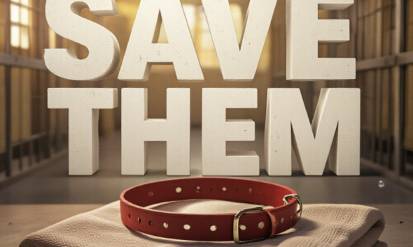 A viral, hyper-realistic YouTube thumbnail with a Heartbreaking yet Hopeful atmosphere. The background is a slightly blurred, warm-toned animal shelter kennel with soft, golden hour lighting streaming through a window. The composition uses a Low Angle to focus on the main subject: a detailed Faceless Hero Object, specifically a worn, red dog collar resting on a clean, folded blanket. The image features massive 3D typography with strict hierarchy: The Primary Text reads exactly: 'SAVE THEM'. This text is massive, the largest element in the frame, rendered in Matte White with Soft Dirt Textures to look like a high-budget 3D render. The Secondary Text reads exactly: 'URGENT $10K GOAL'. This text is significantly smaller, positioned below the main text. It features a thick, distinct bright red border/outline (sticker style) to contrast against the background. Make sure text 2 is always different theme, style, effect and border compared to text 1.