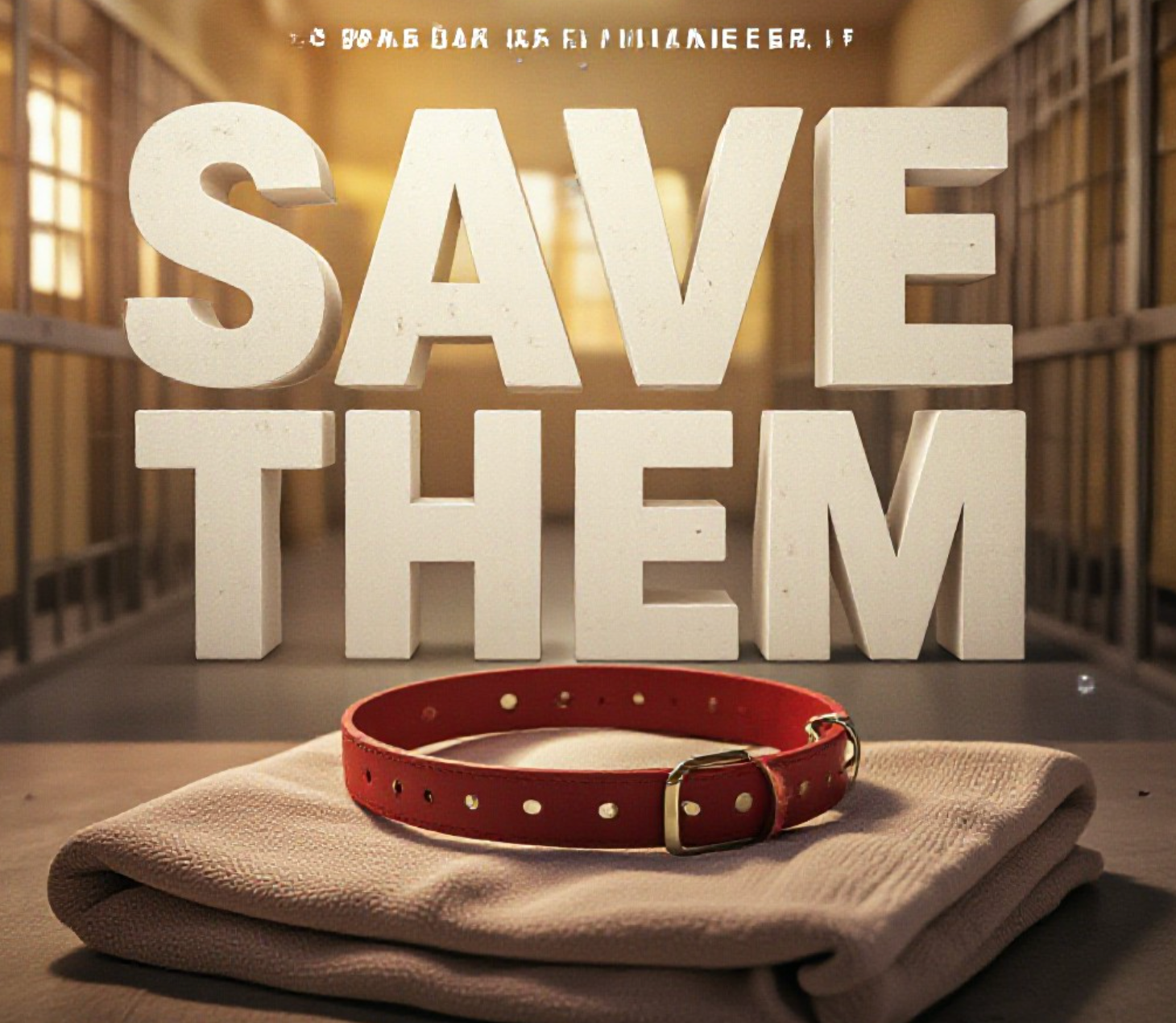 A viral, hyper-realistic YouTube thumbnail with a Heartbreaking yet Hopeful atmosphere. The background is a slightly blurred, warm-toned animal shelter kennel with soft, golden hour lighting streaming through a window. The composition uses a Low Angle to focus on the main subject: a detailed Faceless Hero Object, specifically a worn, red dog collar resting on a clean, folded blanket. The image features massive 3D typography with strict hierarchy: The Primary Text reads exactly: 'SAVE THEM'. This text is massive, the largest element in the frame, rendered in Matte White with Soft Dirt Textures to look like a high-budget 3D render. The Secondary Text reads exactly: 'URGENT $10K GOAL'. This text is significantly smaller, positioned below the main text. It features a thick, distinct bright red border/outline (sticker style) to contrast against the background. Make sure text 2 is always different theme, style, effect and border compared to text 1.