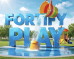 A viral, hyper-realistic YouTube thumbnail with a bright, summer community vibe atmosphere. The background is a sunny, green park environment with a modern splash pad and playground equipment under a clear blue sky with warm sunlight. The composition uses a low angle to focus on the main subject: a colorful, 3D-rendered bucket dumping water (from a splash pad feature). The image features massive 3D typography with strict hierarchy: The Primary Text reads exactly: 'FORTIFY PLAY'. This text is massive, the largest element in the frame, rendered in glossy blue water texture to look like a high-budget 3D render. The Secondary Text reads exactly: '$1.5M GOAL'. This text is significantly smaller, positioned below the main text. It features a thick, distinct white border/outline (sticker style) to contrast against the background. Make sure text 2 is always different theme, style, effect and border compared to text 1.