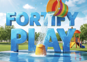 A viral, hyper-realistic YouTube thumbnail with a bright, summer community vibe atmosphere. The background is a sunny, green park environment with a modern splash pad and playground equipment under a clear blue sky with warm sunlight. The composition uses a low angle to focus on the main subject: a colorful, 3D-rendered bucket dumping water (from a splash pad feature). The image features massive 3D typography with strict hierarchy: The Primary Text reads exactly: 'FORTIFY PLAY'. This text is massive, the largest element in the frame, rendered in glossy blue water texture to look like a high-budget 3D render. The Secondary Text reads exactly: '$1.5M GOAL'. This text is significantly smaller, positioned below the main text. It features a thick, distinct white border/outline (sticker style) to contrast against the background. Make sure text 2 is always different theme, style, effect and border compared to text 1.