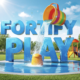 A viral, hyper-realistic YouTube thumbnail with a bright, summer community vibe atmosphere. The background is a sunny, green park environment with a modern splash pad and playground equipment under a clear blue sky with warm sunlight. The composition uses a low angle to focus on the main subject: a colorful, 3D-rendered bucket dumping water (from a splash pad feature). The image features massive 3D typography with strict hierarchy: The Primary Text reads exactly: 'FORTIFY PLAY'. This text is massive, the largest element in the frame, rendered in glossy blue water texture to look like a high-budget 3D render. The Secondary Text reads exactly: '$1.5M GOAL'. This text is significantly smaller, positioned below the main text. It features a thick, distinct white border/outline (sticker style) to contrast against the background. Make sure text 2 is always different theme, style, effect and border compared to text 1.