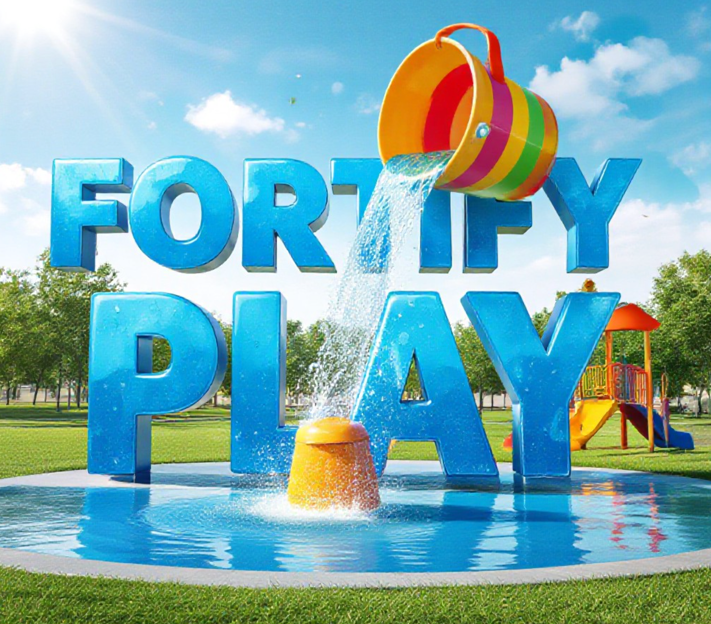 A viral, hyper-realistic YouTube thumbnail with a bright, summer community vibe atmosphere. The background is a sunny, green park environment with a modern splash pad and playground equipment under a clear blue sky with warm sunlight. The composition uses a low angle to focus on the main subject: a colorful, 3D-rendered bucket dumping water (from a splash pad feature). The image features massive 3D typography with strict hierarchy: The Primary Text reads exactly: 'FORTIFY PLAY'. This text is massive, the largest element in the frame, rendered in glossy blue water texture to look like a high-budget 3D render. The Secondary Text reads exactly: '$1.5M GOAL'. This text is significantly smaller, positioned below the main text. It features a thick, distinct white border/outline (sticker style) to contrast against the background. Make sure text 2 is always different theme, style, effect and border compared to text 1.