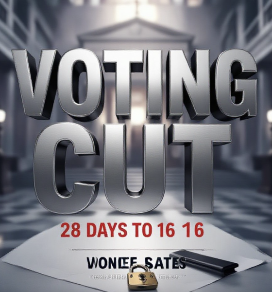 A viral, hyper-realistic YouTube thumbnail with a Serious Political atmosphere. The background is a Blurred Indiana Statehouse Interior with Low-Key Dramatic Lighting. The composition uses a Low Angle to focus on the main subject: a Realistic Voting Ballot Box with a Lock. The image features massive 3D typography with strict hierarchy: The Primary Text reads exactly: 'VOTING CUT'. This text is massive, the largest element in the frame, rendered in Brushed Steel to look like a high-budget 3D render. The Secondary Text reads exactly: '28 DAYS TO 16'. This text is significantly smaller, positioned below or next to the main text. It features a thick, distinct Red border/outline (sticker style) to contrast against the background. Make sure text 2 is always different theme, style, effect and border compared to text 1.