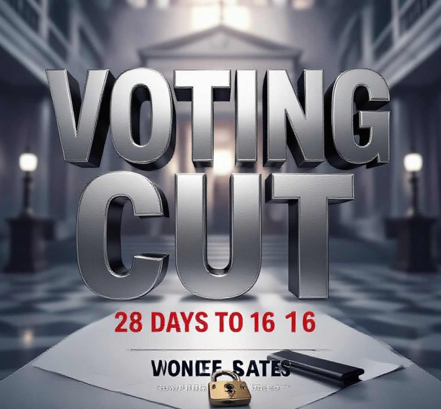 A viral, hyper-realistic YouTube thumbnail with a Serious Political atmosphere. The background is a Blurred Indiana Statehouse Interior with Low-Key Dramatic Lighting. The composition uses a Low Angle to focus on the main subject: a Realistic Voting Ballot Box with a Lock. The image features massive 3D typography with strict hierarchy: The Primary Text reads exactly: 'VOTING CUT'. This text is massive, the largest element in the frame, rendered in Brushed Steel to look like a high-budget 3D render. The Secondary Text reads exactly: '28 DAYS TO 16'. This text is significantly smaller, positioned below or next to the main text. It features a thick, distinct Red border/outline (sticker style) to contrast against the background. Make sure text 2 is always different theme, style, effect and border compared to text 1.
