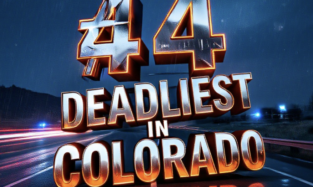A viral, hyper-realistic YouTube thumbnail with a tense, high-stakes red-and-amber emergency atmosphere. The background is a rain-soaked Mesa County highway at night with streaking headlights and distant flashing blue lights. The composition uses a dramatic low-angle shot looking up at a massive crumpled highway sign that reads "MESA COUNTY". The image features massive 3D typography with strict hierarchy: The Primary Text reads exactly: '#4 DEADLIEST IN COLORADO'. This text is massive, the largest element in the frame, rendered in burning chrome with glowing orange edges and realistic heat distortion. The Secondary Text reads exactly: 'SPEED & DUI CRISIS'. This text is significantly smaller, placed diagonally below with a thick black outline and pulsing red sticker border for maximum contrast. There is absolutely NO other text, numbers, watermarks, or subtitles in this image other than these two specific lines. 8k, Unreal Engine 5, cinematic render