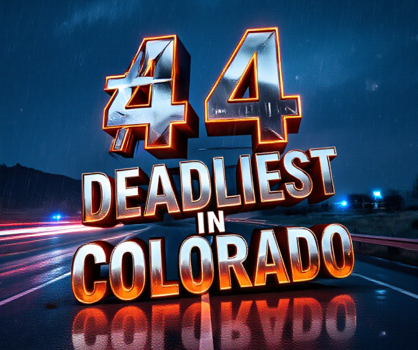 A viral, hyper-realistic YouTube thumbnail with a tense, high-stakes red-and-amber emergency atmosphere. The background is a rain-soaked Mesa County highway at night with streaking headlights and distant flashing blue lights. The composition uses a dramatic low-angle shot looking up at a massive crumpled highway sign that reads "MESA COUNTY". The image features massive 3D typography with strict hierarchy: The Primary Text reads exactly: '#4 DEADLIEST IN COLORADO'. This text is massive, the largest element in the frame, rendered in burning chrome with glowing orange edges and realistic heat distortion. The Secondary Text reads exactly: 'SPEED & DUI CRISIS'. This text is significantly smaller, placed diagonally below with a thick black outline and pulsing red sticker border for maximum contrast. There is absolutely NO other text, numbers, watermarks, or subtitles in this image other than these two specific lines. 8k, Unreal Engine 5, cinematic render