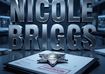 A viral, hyper-realistic YouTube thumbnail with a serious law-enforcement atmosphere. The background is a dark evidence room filled with glowing computer screens displaying blurred case files and sealed evidence bags under cold blue forensic lighting. The composition uses a dramatic low-angle shot to focus on the main subject: a polished sheriff's badge resting on a thick case folder stamped CONFIDENTIAL in red. The image features massive 3D typography with strict hierarchy: The Primary Text reads exactly: 'NICOLE BRIGGS'. This text is massive, the largest element in the frame, rendered in brushed steel chrome to look like a high-budget 3D render. The Secondary Text reads exactly: '48 YEARS TO LIFE'. This text is significantly smaller, positioned below the main text. It features a thick, glowing red border/outline (sticker style) to contrast against the background. Make sure text 2 is always different theme, style, effect and border compared to text 1. The text materials correspond to the story's concept. Crucial Instruction: There is absolutely NO other text, numbers, watermarks, or subtitles in this image other than these two specific lines. 8k, Unreal Engine 5, cinematic render