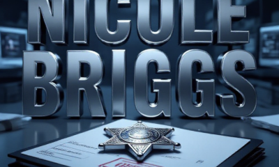 A viral, hyper-realistic YouTube thumbnail with a serious law-enforcement atmosphere. The background is a dark evidence room filled with glowing computer screens displaying blurred case files and sealed evidence bags under cold blue forensic lighting. The composition uses a dramatic low-angle shot to focus on the main subject: a polished sheriff's badge resting on a thick case folder stamped CONFIDENTIAL in red. The image features massive 3D typography with strict hierarchy: The Primary Text reads exactly: 'NICOLE BRIGGS'. This text is massive, the largest element in the frame, rendered in brushed steel chrome to look like a high-budget 3D render. The Secondary Text reads exactly: '48 YEARS TO LIFE'. This text is significantly smaller, positioned below the main text. It features a thick, glowing red border/outline (sticker style) to contrast against the background. Make sure text 2 is always different theme, style, effect and border compared to text 1. The text materials correspond to the story's concept. Crucial Instruction: There is absolutely NO other text, numbers, watermarks, or subtitles in this image other than these two specific lines. 8k, Unreal Engine 5, cinematic render