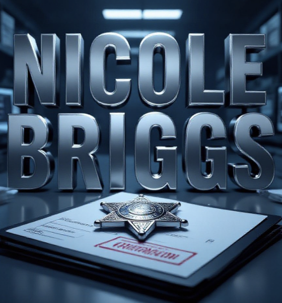 A viral, hyper-realistic YouTube thumbnail with a serious law-enforcement atmosphere. The background is a dark evidence room filled with glowing computer screens displaying blurred case files and sealed evidence bags under cold blue forensic lighting. The composition uses a dramatic low-angle shot to focus on the main subject: a polished sheriff's badge resting on a thick case folder stamped CONFIDENTIAL in red. The image features massive 3D typography with strict hierarchy: The Primary Text reads exactly: 'NICOLE BRIGGS'. This text is massive, the largest element in the frame, rendered in brushed steel chrome to look like a high-budget 3D render. The Secondary Text reads exactly: '48 YEARS TO LIFE'. This text is significantly smaller, positioned below the main text. It features a thick, glowing red border/outline (sticker style) to contrast against the background. Make sure text 2 is always different theme, style, effect and border compared to text 1. The text materials correspond to the story's concept. Crucial Instruction: There is absolutely NO other text, numbers, watermarks, or subtitles in this image other than these two specific lines. 8k, Unreal Engine 5, cinematic render