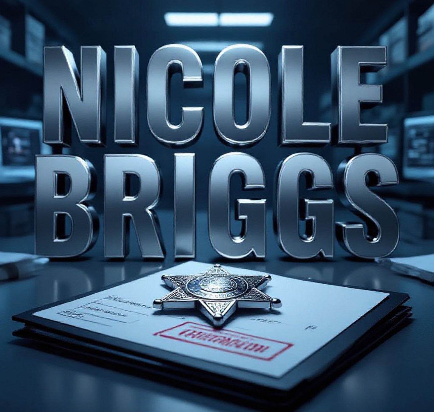 A viral, hyper-realistic YouTube thumbnail with a serious law-enforcement atmosphere. The background is a dark evidence room filled with glowing computer screens displaying blurred case files and sealed evidence bags under cold blue forensic lighting. The composition uses a dramatic low-angle shot to focus on the main subject: a polished sheriff's badge resting on a thick case folder stamped CONFIDENTIAL in red. The image features massive 3D typography with strict hierarchy: The Primary Text reads exactly: 'NICOLE BRIGGS'. This text is massive, the largest element in the frame, rendered in brushed steel chrome to look like a high-budget 3D render. The Secondary Text reads exactly: '48 YEARS TO LIFE'. This text is significantly smaller, positioned below the main text. It features a thick, glowing red border/outline (sticker style) to contrast against the background. Make sure text 2 is always different theme, style, effect and border compared to text 1. The text materials correspond to the story's concept. Crucial Instruction: There is absolutely NO other text, numbers, watermarks, or subtitles in this image other than these two specific lines. 8k, Unreal Engine 5, cinematic render