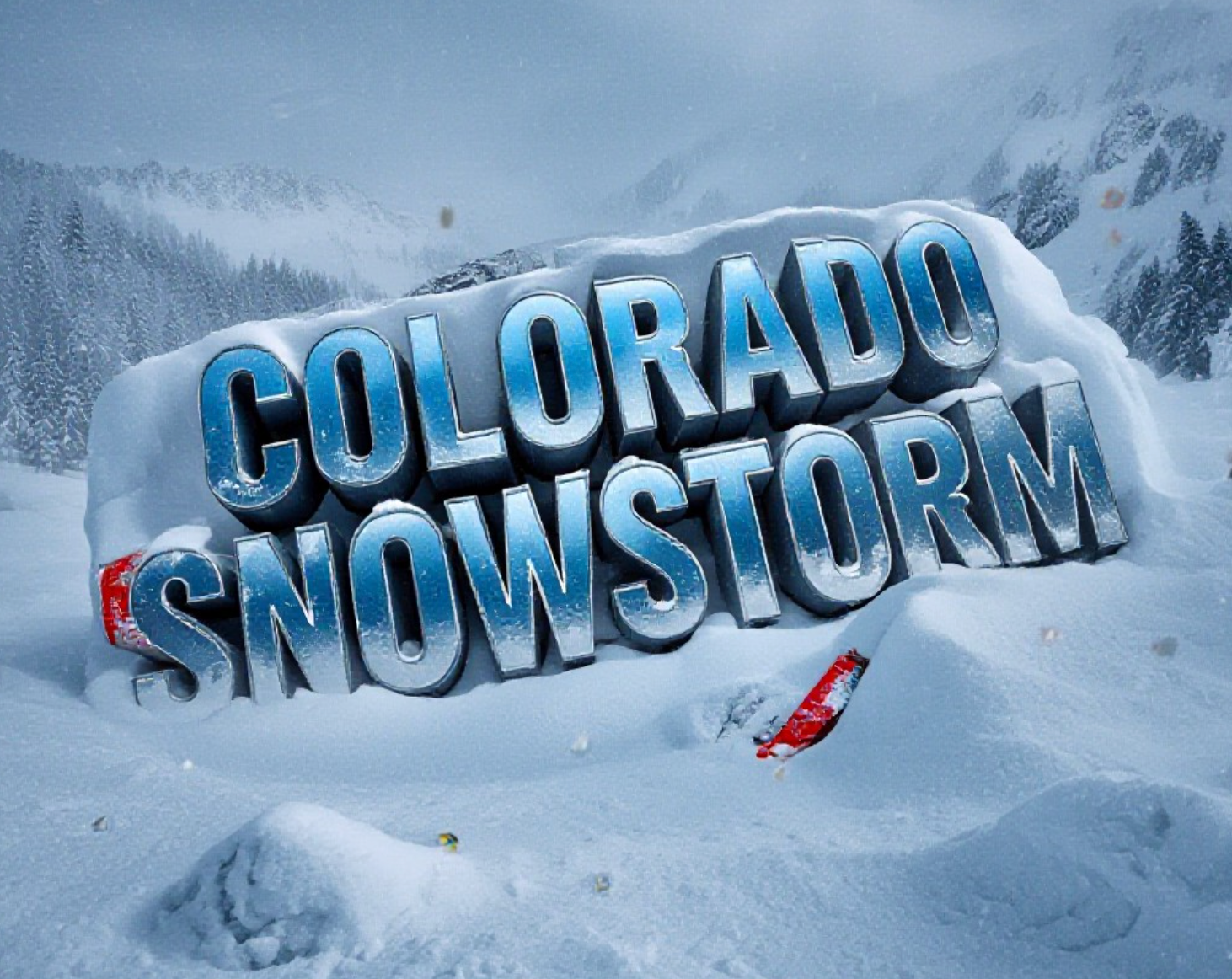 A viral, hyper-realistic YouTube thumbnail with a dramatic winter storm atmosphere. The background is a blinding whiteout blizzard raging across Colorado's San Juan Mountains with heavy snow blowing sideways. The composition uses a low-angle cinematic shot to focus on the main subject: a massive cracked avalanche warning sign buried halfway in deep snow. The image features massive 3D typography with strict hierarchy: The Primary Text reads exactly: 'COLORADO SNOWSTORM'. This text is massive, the largest element in the frame, rendered in icy blue chrome with frost and snow accumulation to look like a high-budget 3D render. The Secondary Text reads exactly: 'AVALANCHE WARNING!'. This text is significantly smaller, positioned below the main text. It features a thick, glowing red border/outline (sticker style) to contrast against the background. Make sure text 2 is always different theme, style, effect and border compared to text 1. The text materials correspond to the story's concept. Crucial Instruction: There is absolutely NO other text, numbers, watermarks, or subtitles in this image other than these two specific lines. 8k, Unreal Engine 5, cinematic render