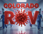 A viral, hyper-realistic YouTube thumbnail with a tense medical emergency atmosphere. The background is a dramatic hospital corridor with red emergency lights flashing and blurred medical staff rushing past. The composition uses a dramatic low-angle shot to focus on the main subject: a large, detailed 3D-rendered RSV virus particle glowing ominously in the center. The image features massive 3D typography with strict hierarchy: The Primary Text reads exactly: 'Colorado RSV'. This text is massive, the largest element in the frame, rendered in threatening red chrome with glowing edges to look like a high-budget cinematic render. The Secondary Text reads exactly: 'Finally Drops'. This text is significantly smaller, positioned below the main text with a thick white outline and subtle pulse effect. The text materials correspond to the story's concept. Crucial Instruction: There is absolutely NO other text, numbers, watermarks, or subtitles in this image other than these two specific lines. 8k, Unreal Engine 5, cinematic render