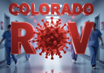 A viral, hyper-realistic YouTube thumbnail with a tense medical emergency atmosphere. The background is a dramatic hospital corridor with red emergency lights flashing and blurred medical staff rushing past. The composition uses a dramatic low-angle shot to focus on the main subject: a large, detailed 3D-rendered RSV virus particle glowing ominously in the center. The image features massive 3D typography with strict hierarchy: The Primary Text reads exactly: 'Colorado RSV'. This text is massive, the largest element in the frame, rendered in threatening red chrome with glowing edges to look like a high-budget cinematic render. The Secondary Text reads exactly: 'Finally Drops'. This text is significantly smaller, positioned below the main text with a thick white outline and subtle pulse effect. The text materials correspond to the story's concept. Crucial Instruction: There is absolutely NO other text, numbers, watermarks, or subtitles in this image other than these two specific lines. 8k, Unreal Engine 5, cinematic render