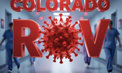 A viral, hyper-realistic YouTube thumbnail with a tense medical emergency atmosphere. The background is a dramatic hospital corridor with red emergency lights flashing and blurred medical staff rushing past. The composition uses a dramatic low-angle shot to focus on the main subject: a large, detailed 3D-rendered RSV virus particle glowing ominously in the center. The image features massive 3D typography with strict hierarchy: The Primary Text reads exactly: 'Colorado RSV'. This text is massive, the largest element in the frame, rendered in threatening red chrome with glowing edges to look like a high-budget cinematic render. The Secondary Text reads exactly: 'Finally Drops'. This text is significantly smaller, positioned below the main text with a thick white outline and subtle pulse effect. The text materials correspond to the story's concept. Crucial Instruction: There is absolutely NO other text, numbers, watermarks, or subtitles in this image other than these two specific lines. 8k, Unreal Engine 5, cinematic render