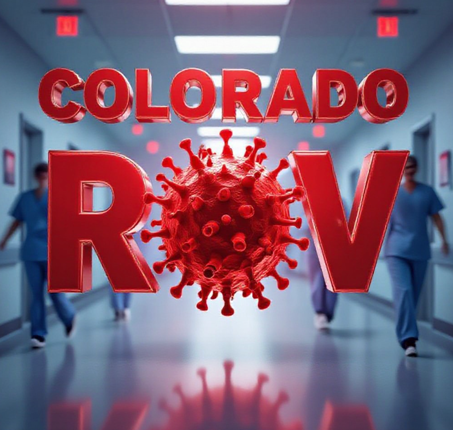A viral, hyper-realistic YouTube thumbnail with a tense medical emergency atmosphere. The background is a dramatic hospital corridor with red emergency lights flashing and blurred medical staff rushing past. The composition uses a dramatic low-angle shot to focus on the main subject: a large, detailed 3D-rendered RSV virus particle glowing ominously in the center. The image features massive 3D typography with strict hierarchy: The Primary Text reads exactly: 'Colorado RSV'. This text is massive, the largest element in the frame, rendered in threatening red chrome with glowing edges to look like a high-budget cinematic render. The Secondary Text reads exactly: 'Finally Drops'. This text is significantly smaller, positioned below the main text with a thick white outline and subtle pulse effect. The text materials correspond to the story's concept. Crucial Instruction: There is absolutely NO other text, numbers, watermarks, or subtitles in this image other than these two specific lines. 8k, Unreal Engine 5, cinematic render