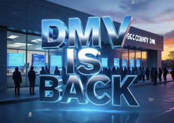 A viral, hyper-realistic YouTube thumbnail with a sleek tech-blue atmosphere. The background is the exterior of the Mesa County DMV building at sunrise with long lines of people wrapping around the corner and glowing digital screens visible through the windows. The composition uses a dramatic low-angle shot to focus on the main subject: a massive, shiny Colorado driver’s license floating in mid-air like a futuristic hologram. The image features massive 3D typography with strict hierarchy: The Primary Text reads exactly: 'DMV IS BACK'. This text is massive, the largest element in the frame, rendered in electric chrome with glowing blue edges to look like a high-budget 3D render. The Secondary Text reads exactly: 'Lines Already Crazy'. This text is significantly smaller, positioned below the main text with a thick red warning-style border to contrast against the background. 8k, Unreal Engine 5, cinematic render