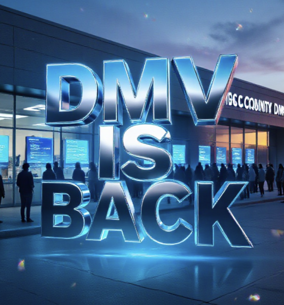 A viral, hyper-realistic YouTube thumbnail with a sleek tech-blue atmosphere. The background is the exterior of the Mesa County DMV building at sunrise with long lines of people wrapping around the corner and glowing digital screens visible through the windows. The composition uses a dramatic low-angle shot to focus on the main subject: a massive, shiny Colorado driver’s license floating in mid-air like a futuristic hologram. The image features massive 3D typography with strict hierarchy: The Primary Text reads exactly: 'DMV IS BACK'. This text is massive, the largest element in the frame, rendered in electric chrome with glowing blue edges to look like a high-budget 3D render. The Secondary Text reads exactly: 'Lines Already Crazy'. This text is significantly smaller, positioned below the main text with a thick red warning-style border to contrast against the background. 8k, Unreal Engine 5, cinematic render