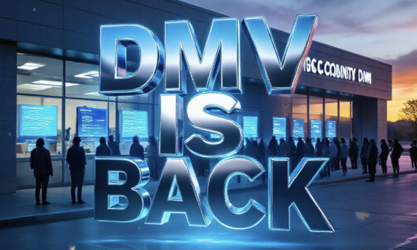 A viral, hyper-realistic YouTube thumbnail with a sleek tech-blue atmosphere. The background is the exterior of the Mesa County DMV building at sunrise with long lines of people wrapping around the corner and glowing digital screens visible through the windows. The composition uses a dramatic low-angle shot to focus on the main subject: a massive, shiny Colorado driver’s license floating in mid-air like a futuristic hologram. The image features massive 3D typography with strict hierarchy: The Primary Text reads exactly: 'DMV IS BACK'. This text is massive, the largest element in the frame, rendered in electric chrome with glowing blue edges to look like a high-budget 3D render. The Secondary Text reads exactly: 'Lines Already Crazy'. This text is significantly smaller, positioned below the main text with a thick red warning-style border to contrast against the background. 8k, Unreal Engine 5, cinematic render